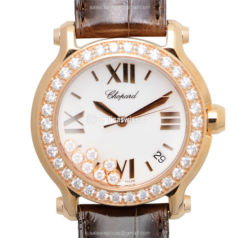 Chopard Happy Sport Quartz 18kt Rose Gold & Diamond - White Dial - Alligator Brown Strap